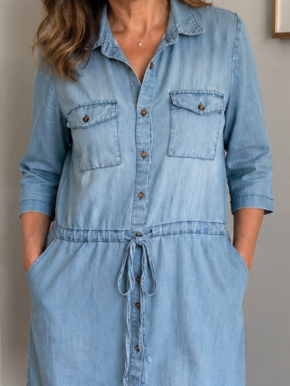 Given Kale Chambray Denim Shirt Dress Women's Size M Button Front Tie Waist Ligh